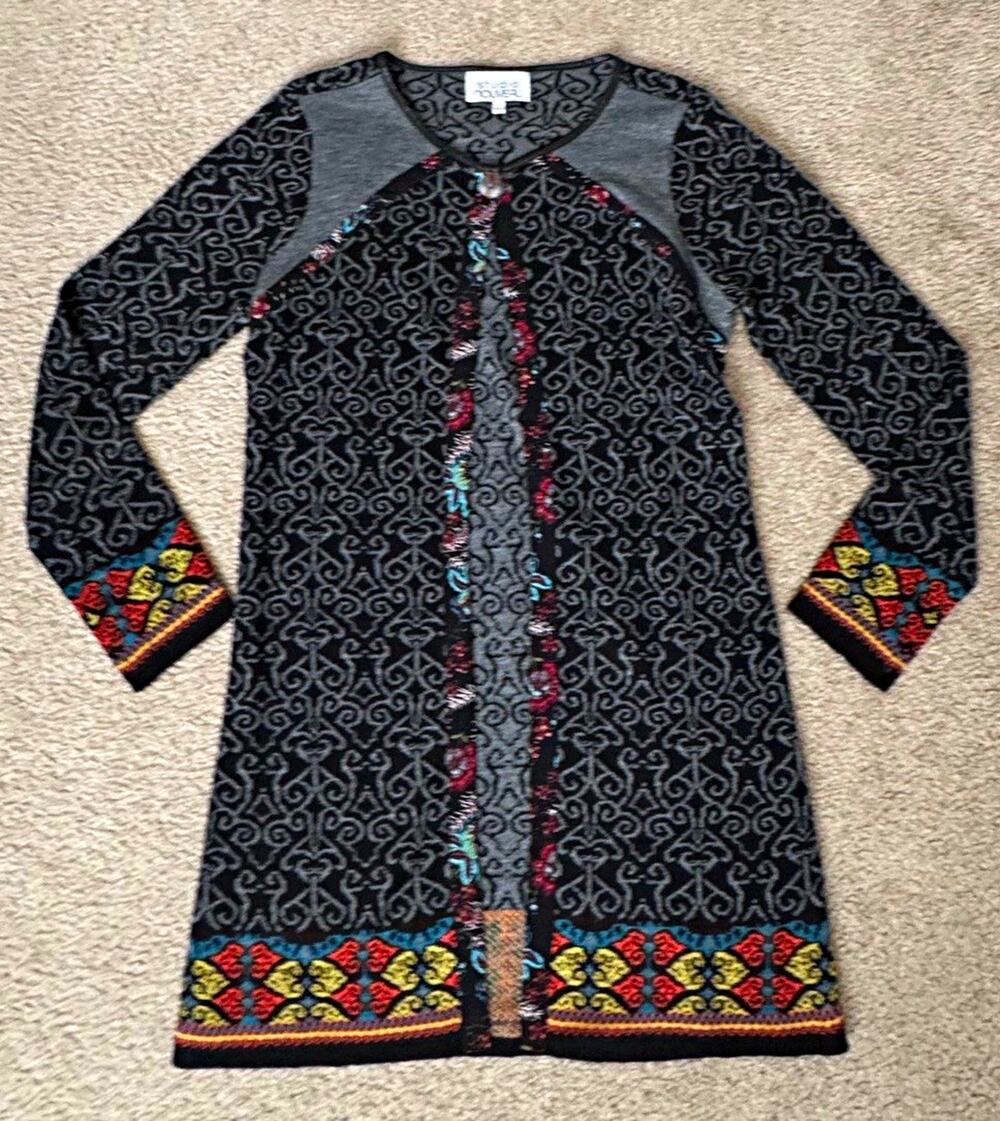 Studio Romeo Womens M Open Front Long Cardigan Sweater Boho Floral Geometric